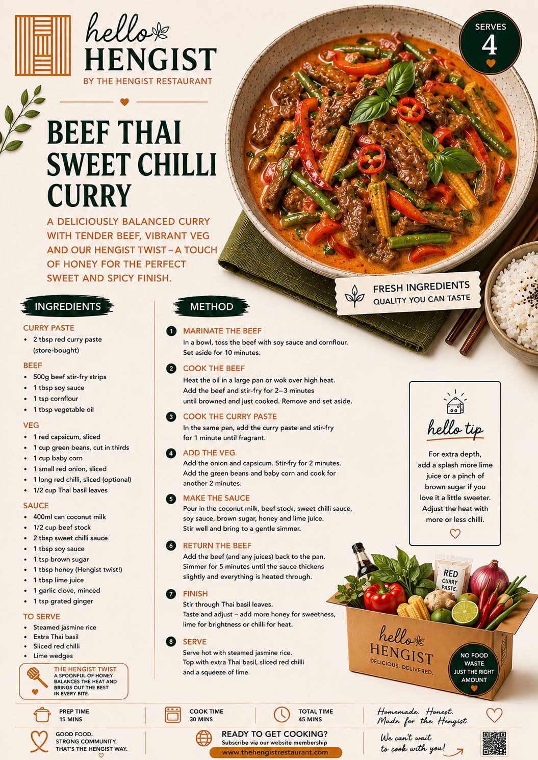 Beef Thai Sweet Chilli Curry menu card