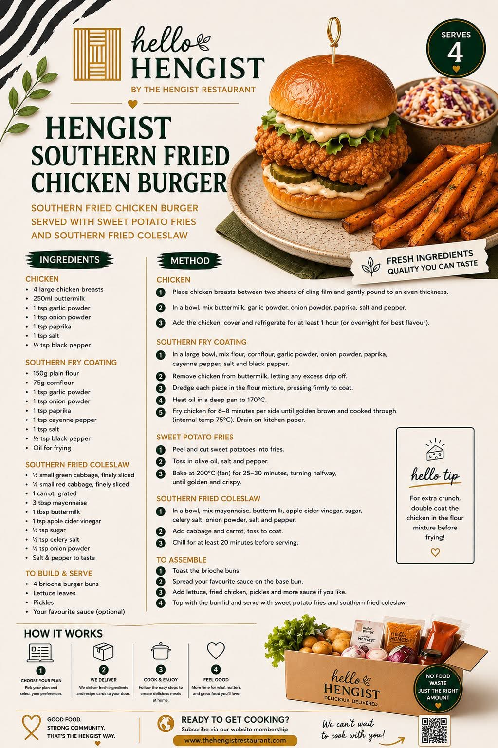 Hengist Southern Fried Chicken Burger menu card